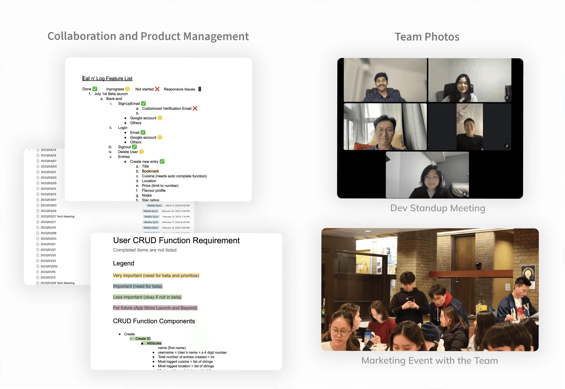 Product management documents — feature list, meeting notes and CRUD requirements — next to photos of a dev standup call and a team marketing event