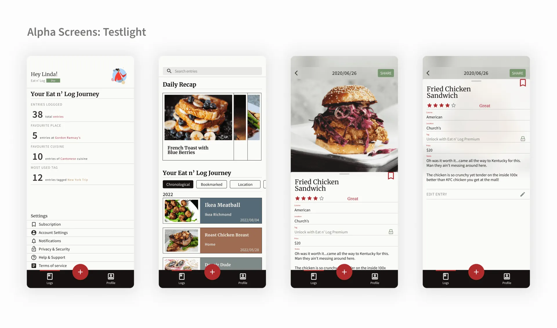 Four alpha screens from TestFlight: the journey summary, daily recap, and an entry for a fried chicken sandwich