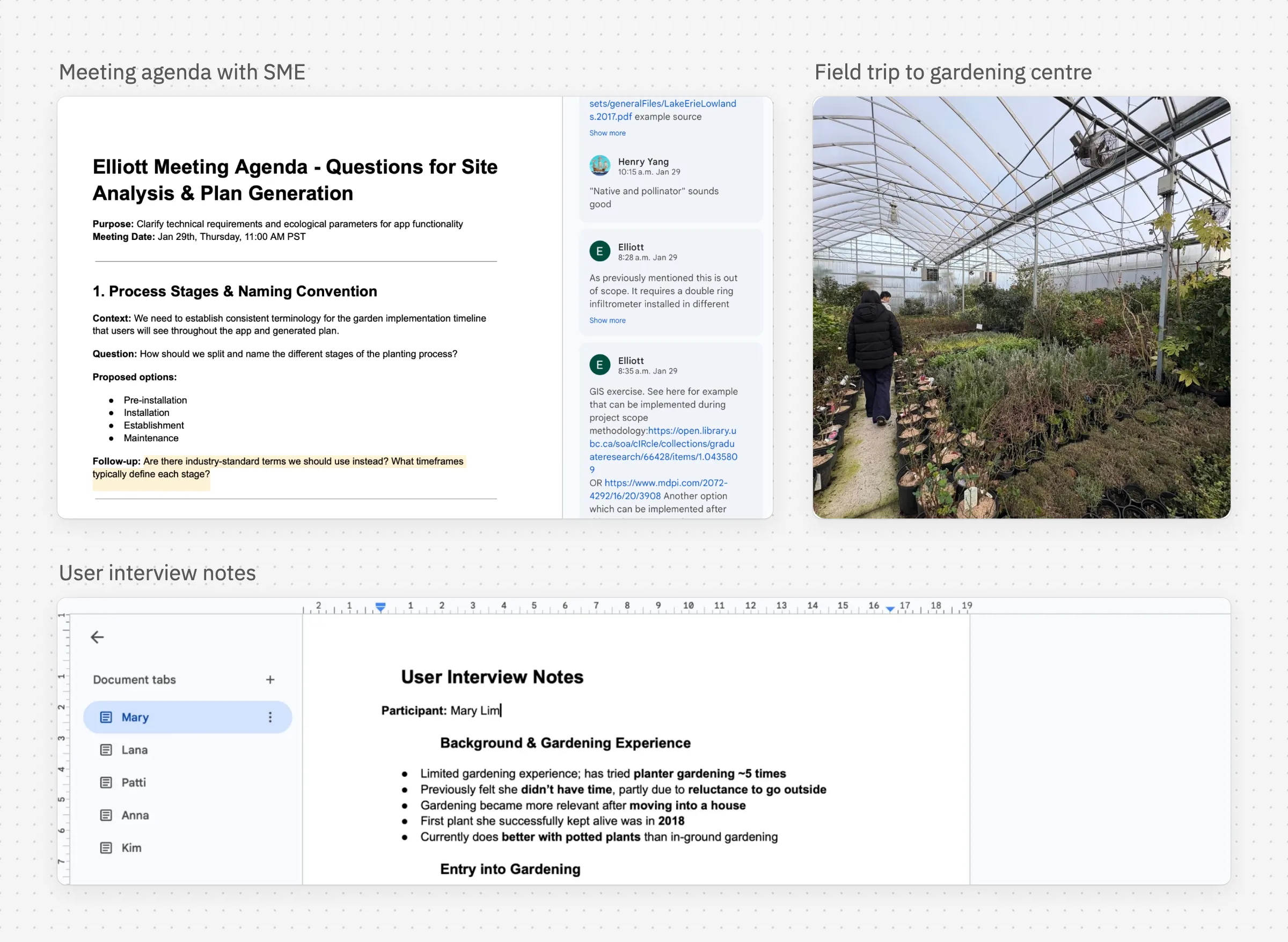 A meeting agenda prepared for the SME, a photo from the field trip to a gardening centre greenhouse, and user interview notes