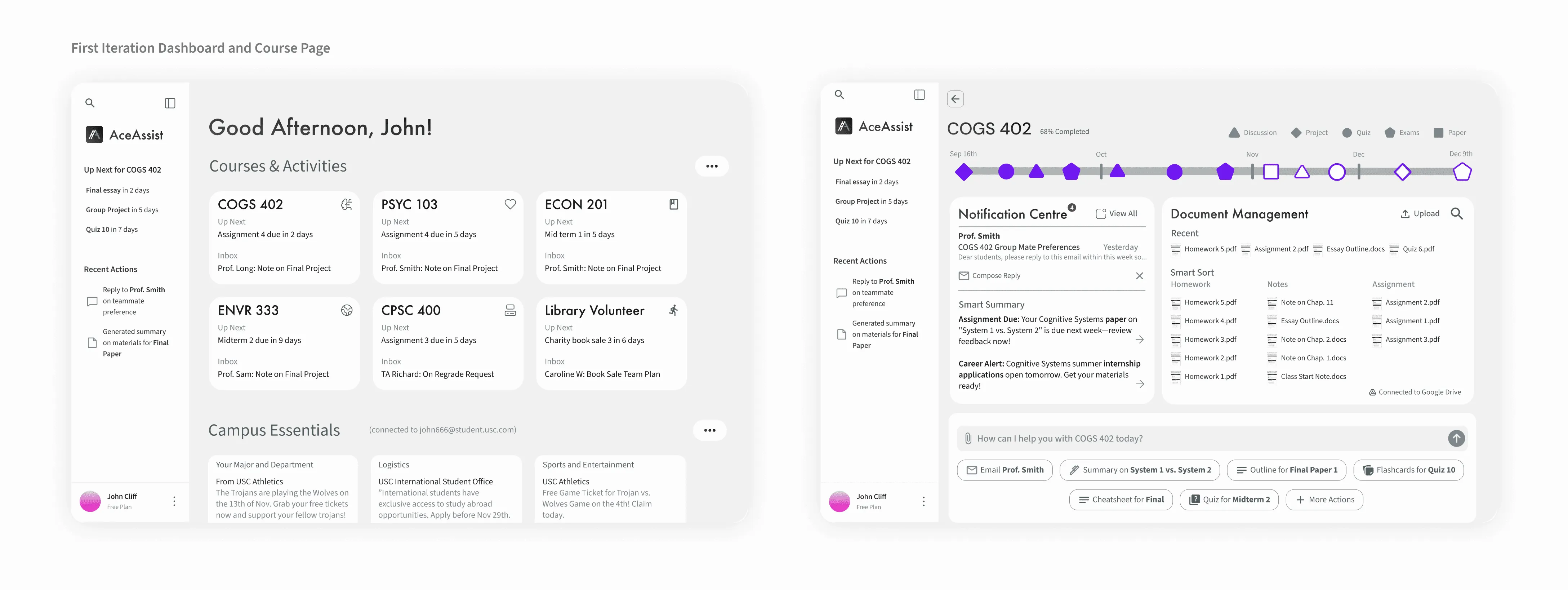 First-iteration dashboard with course cards and campus essentials, and the course page with a notification centre and document management