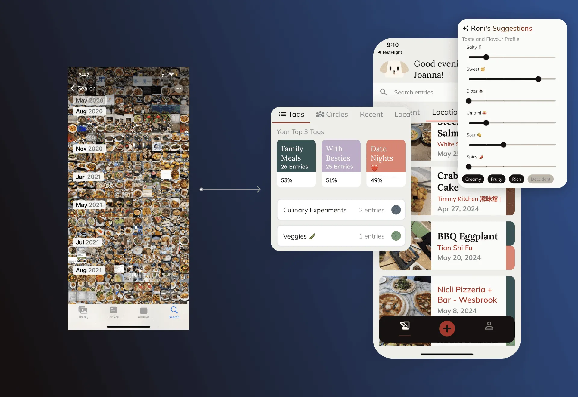 A camera roll full of untagged food photos, next to Eat n' Log screens that organise entries by tag, restaurant and flavour profile
