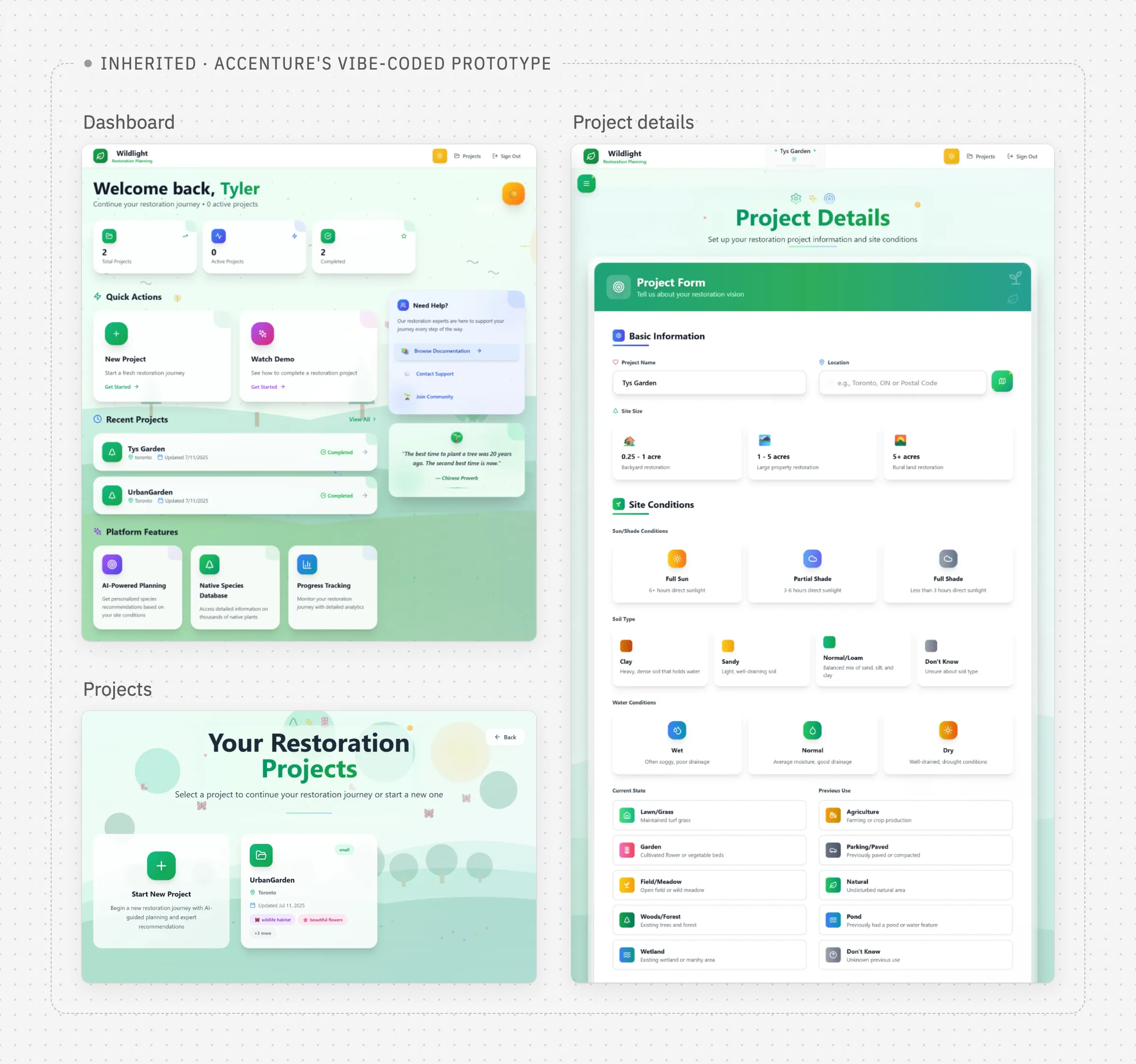 Screens from Accenture's vibe-coded prototype: a dashboard, a project list and a long project details questionnaire