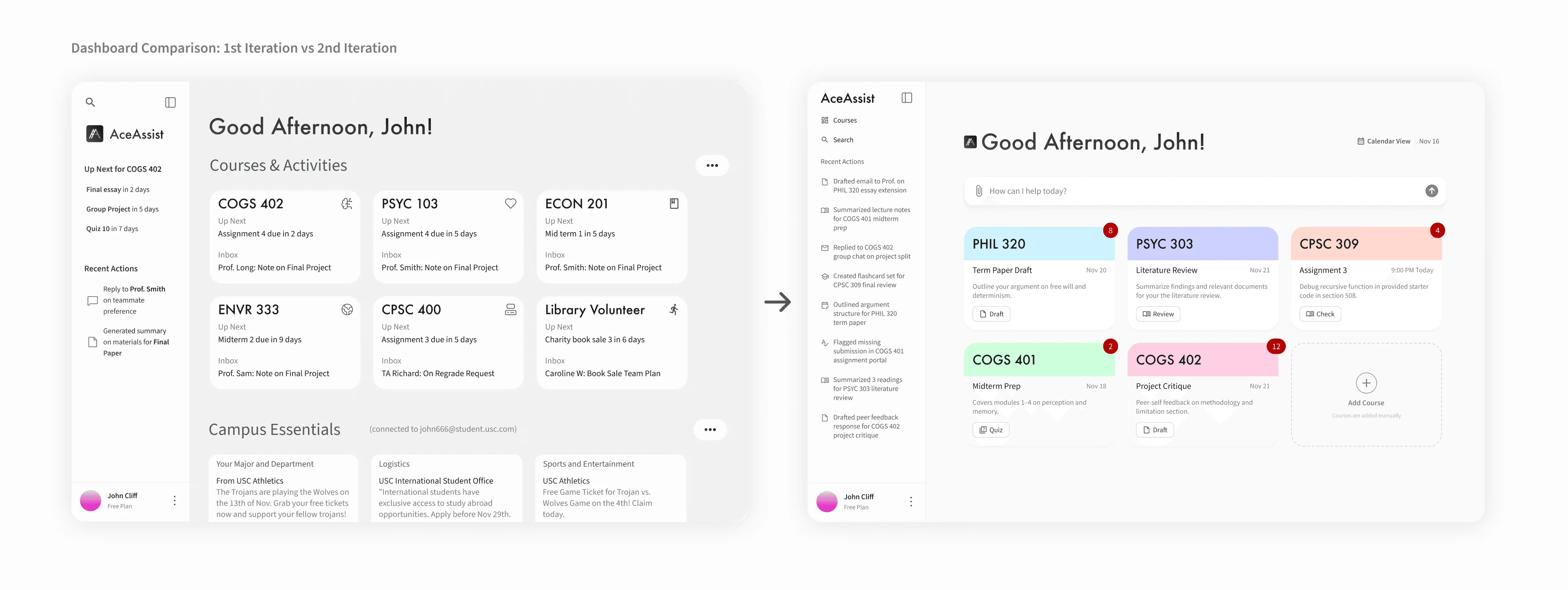 Dashboard comparison: the first iteration's category-based layout next to the second iteration, led by an AI prompt bar with colour-coded course cards
